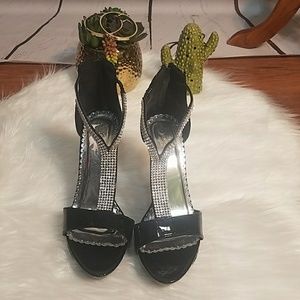 Black Rhinestone Heels Stiletto Evening Party Dress Shoes‎ Sandals